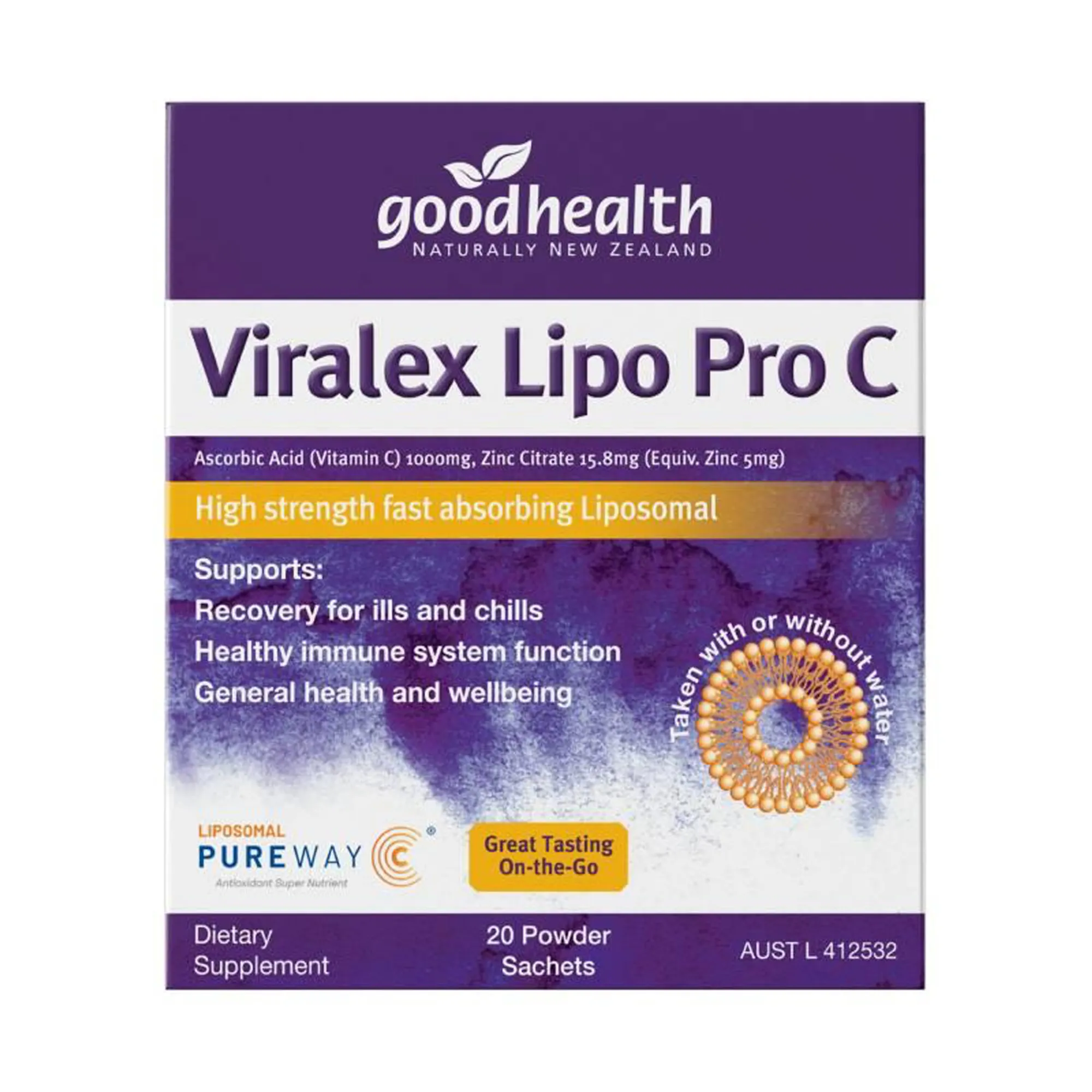 E04568CE-662F-4D6C-A1FA5C12FE188C22-2000w Good Health Viralex Lipo Pro C 20x 3g powder sachets - Image 1